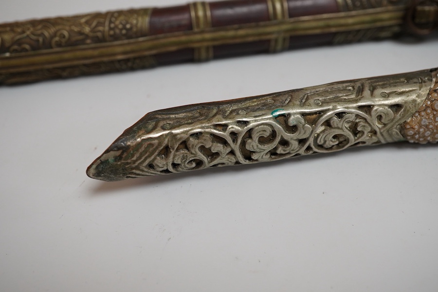 A Chinese travelling knife handle and chopstick holder, 27cm long (holder without chopsticks)